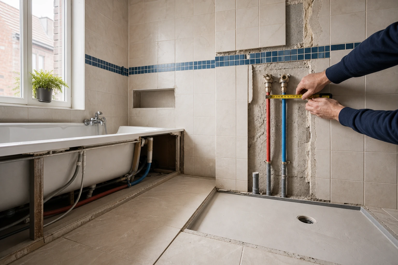 Arrivées d’eau chaude et froide mesurées dans une salle de bains après le retrait d’une baignoire