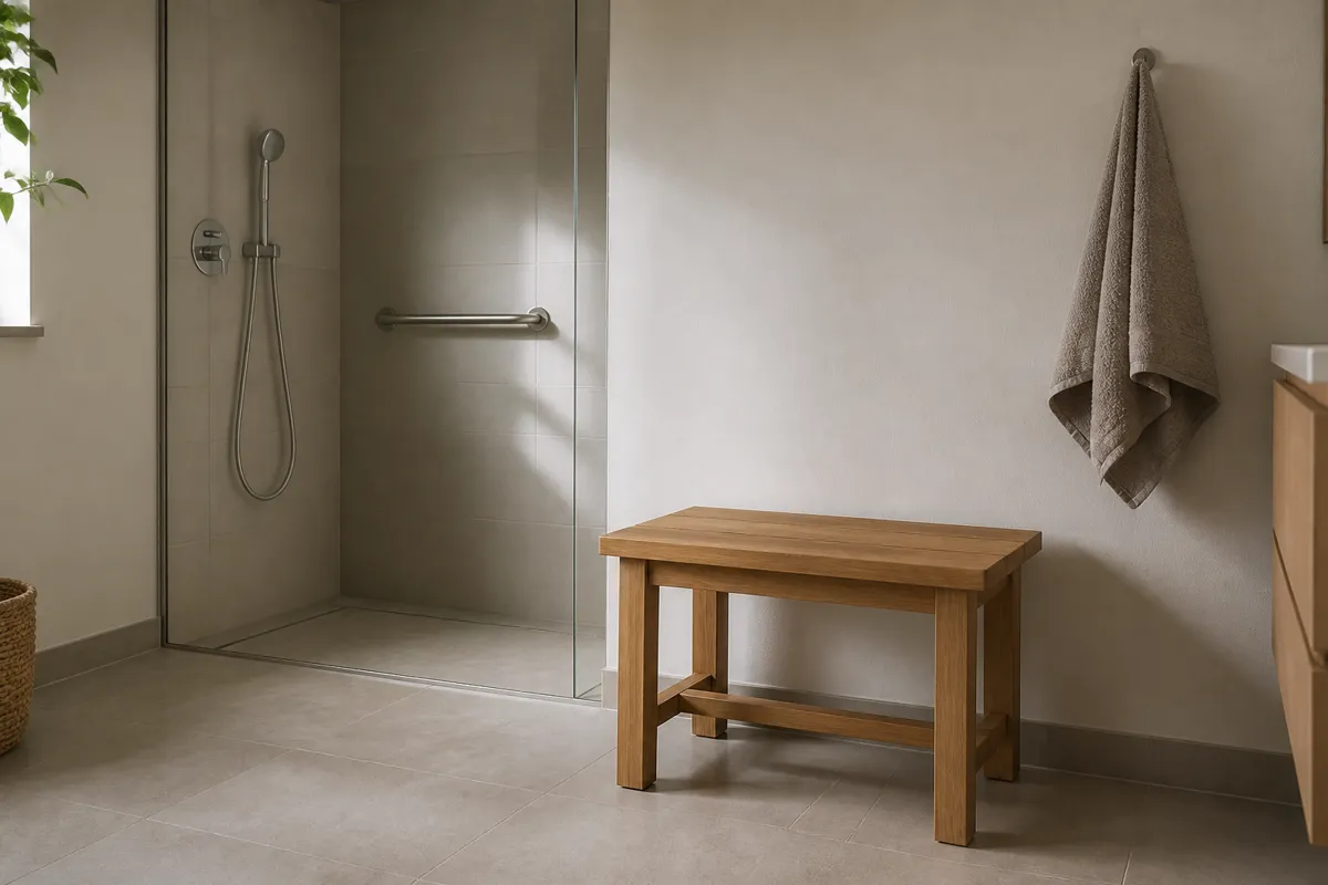 Banc stable placé sur un sol sec à côté d’une douche senior de plain-pied