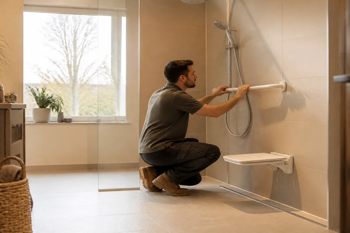 Installateur positionnant une barre d’appui dans une douche PMR à domicile