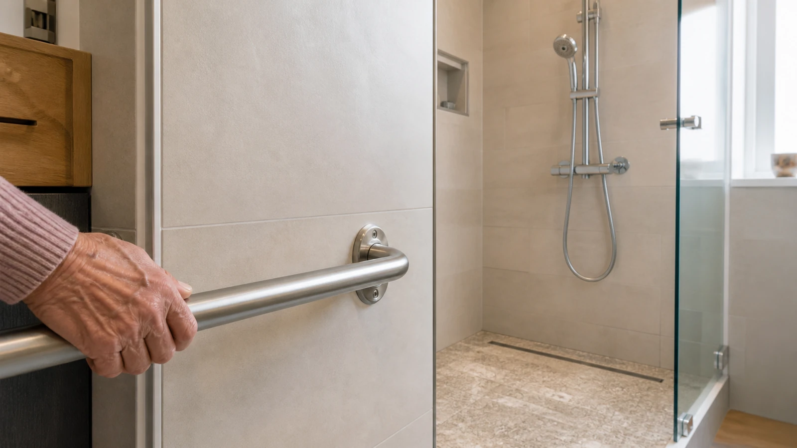 Barre d’appui fixée au mur près d’une douche de plain-pied et barre de douchette visible en arrière-plan