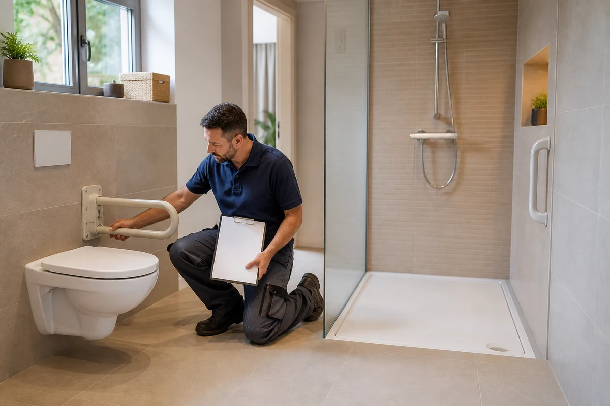 Installateur vérifiant l’emplacement d’une barre relevable PMR dans une salle de bain accessible