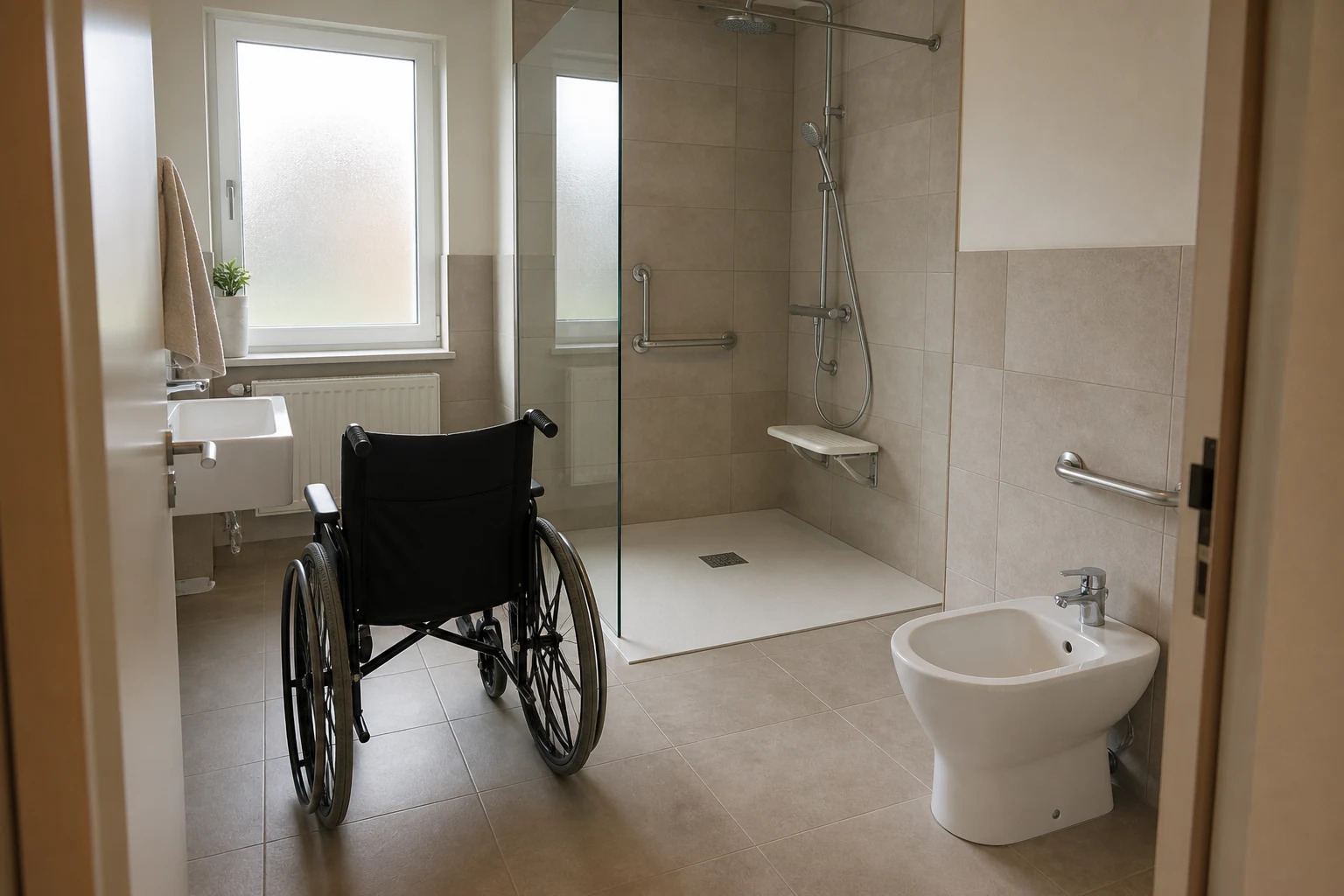 Fauteuil roulant face à un virage étroit entre un bidet et une douche PMR de plain-pied