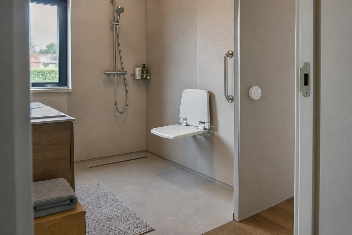 Bouton d’appel accessible depuis un siège dans une douche senior de plain-pied