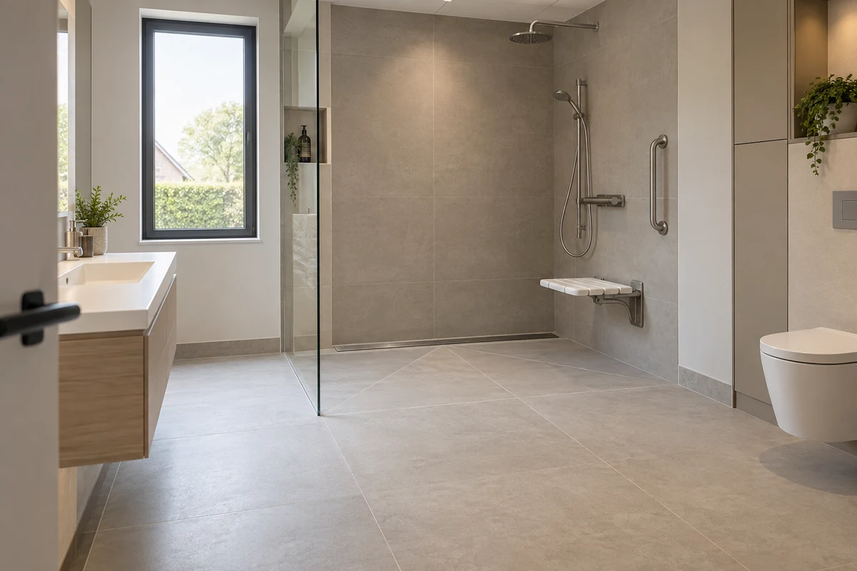 Caniveau linéaire au fond d’une douche PMR de plain-pied avec passage dégagé