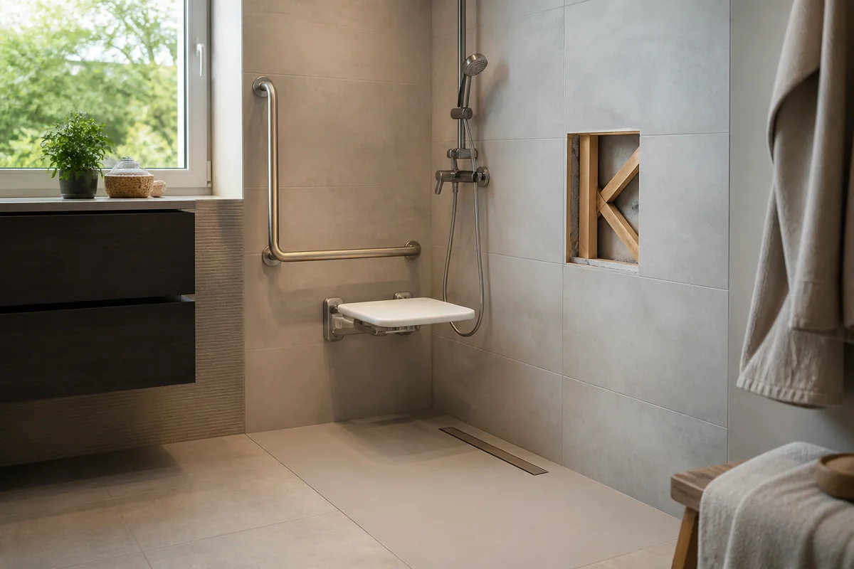 Douche PMR à domicile avec barre d’appui fixée sur un mur renforcé près d’un siège rabattable