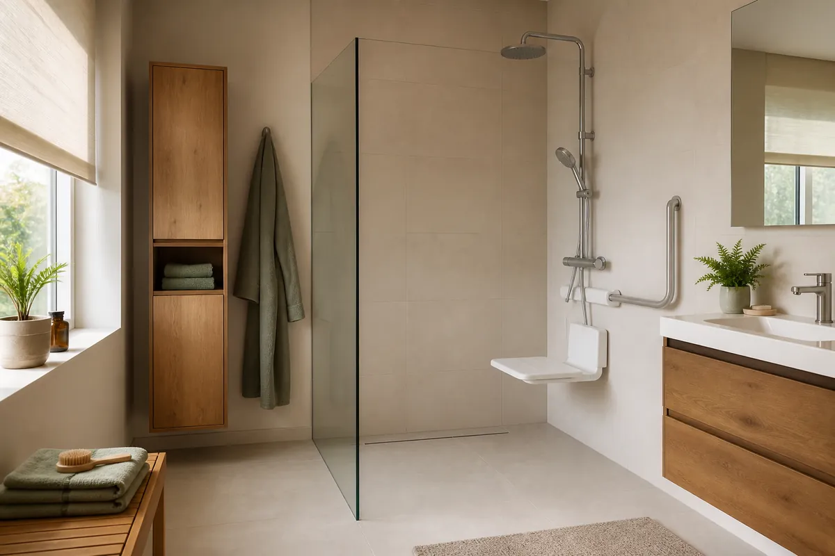 Douche PMR de plain-pied avec siège rabattable et colonne de douche thermostatique accessible depuis la position assise