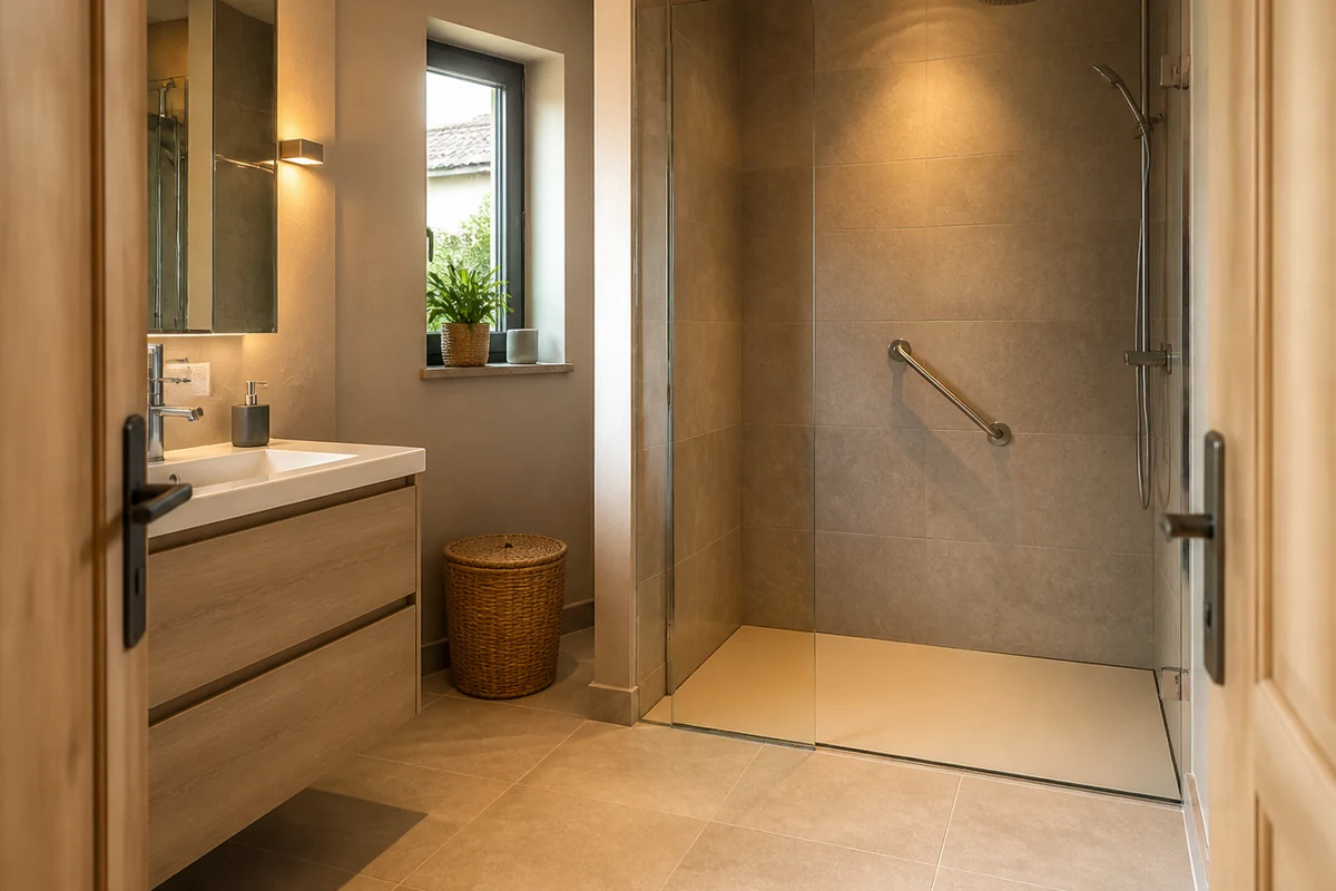 Entrée contrastée d’une douche senior de plain-pied dans une salle de bains lumineuse