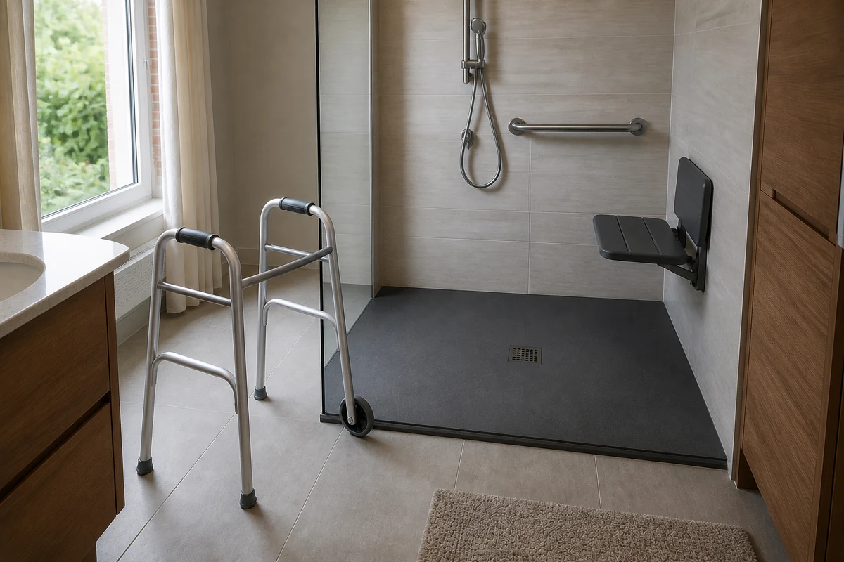 Déambulateur devant l’entrée ouverte d’une douche de plain-pied