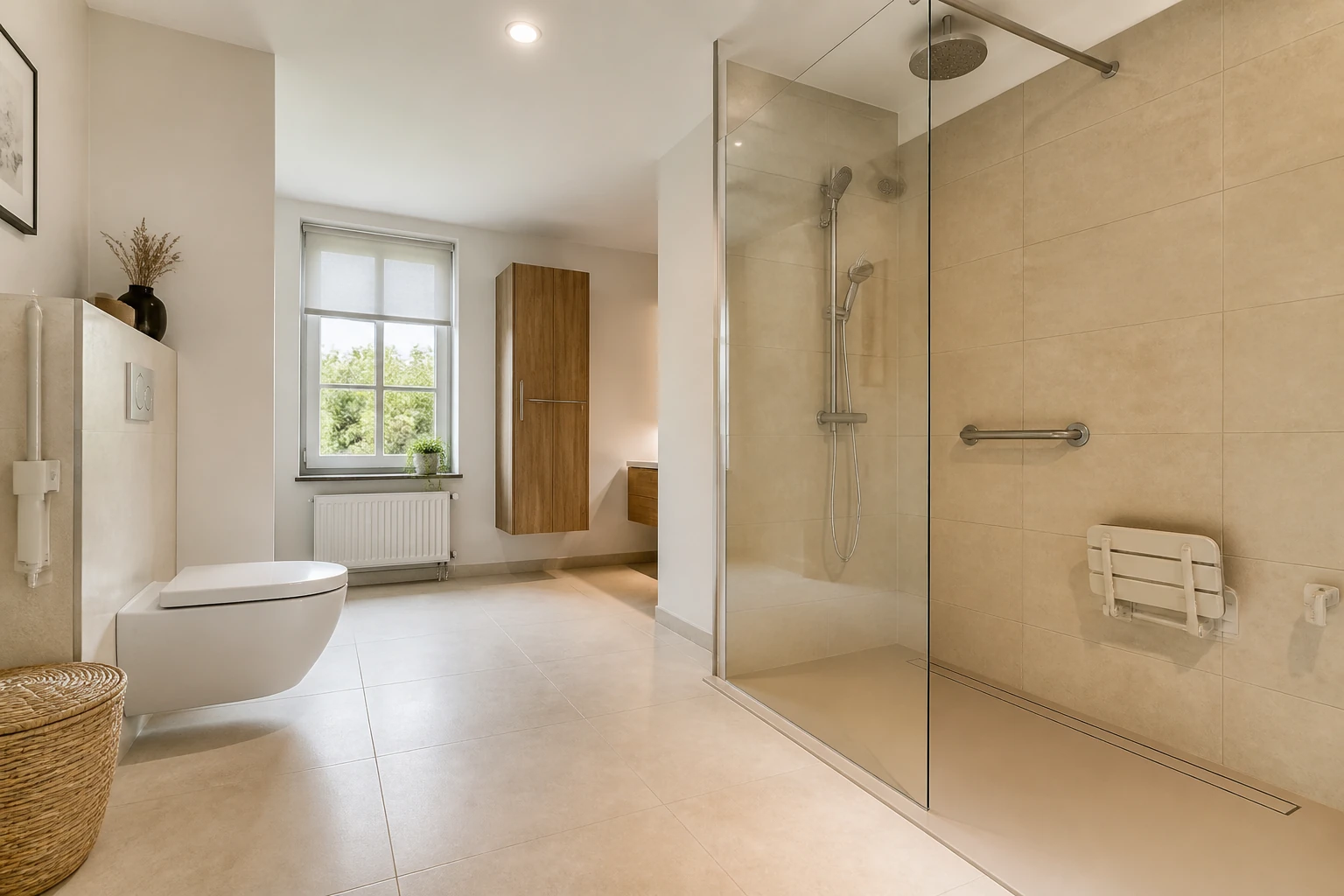 Salle de bains accessible avec espace libre entre les WC et l’entrée d’une douche PMR