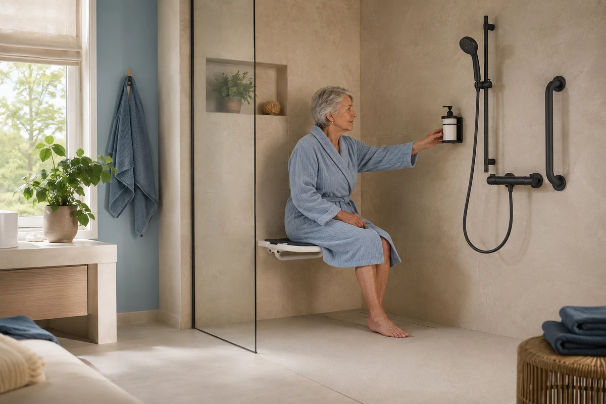 Personne assise dans une douche PMR atteignant un distributeur de savon mural près d’une barre d’appui