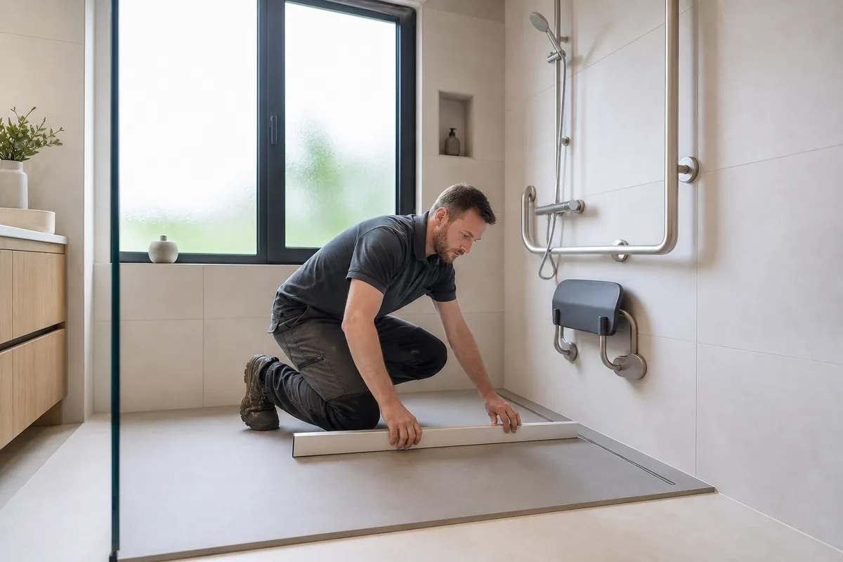 Installateur vérifiant une douche italienne PMR à domicile