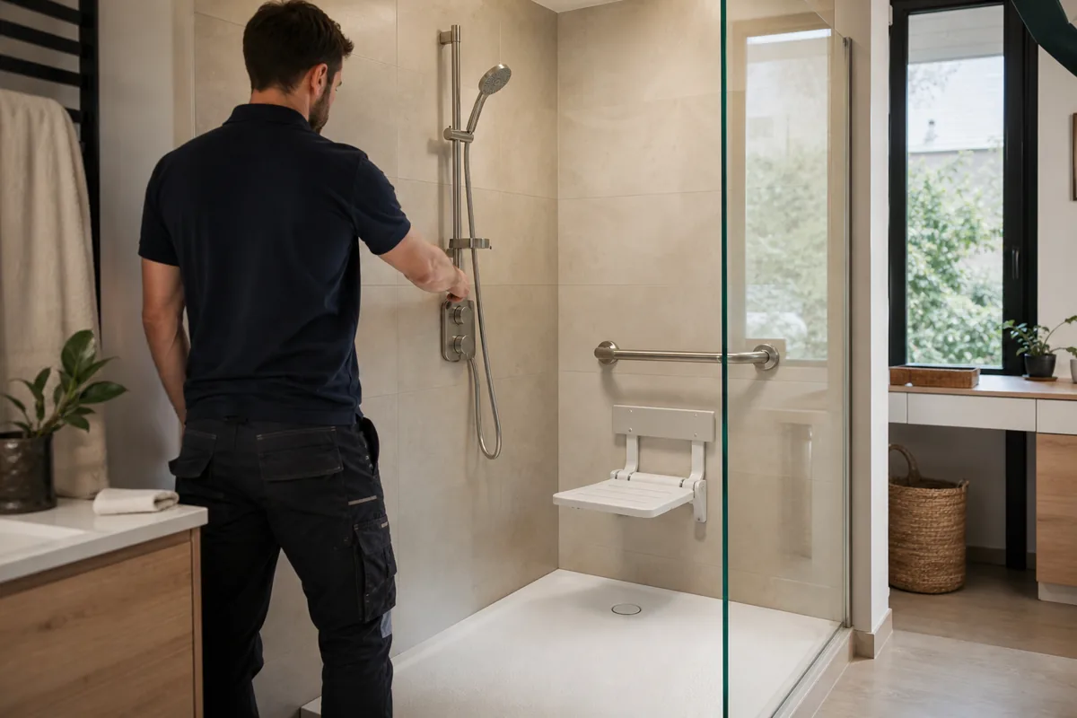 Installateur réglant une douchette accessible dans une douche PMR à domicile