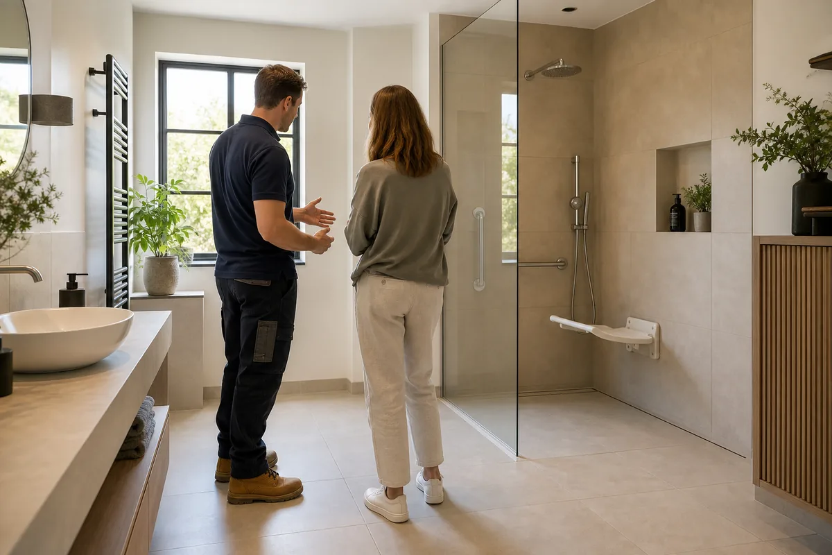 Installateur présentant une douche PMR discrète dans une salle de bain privée