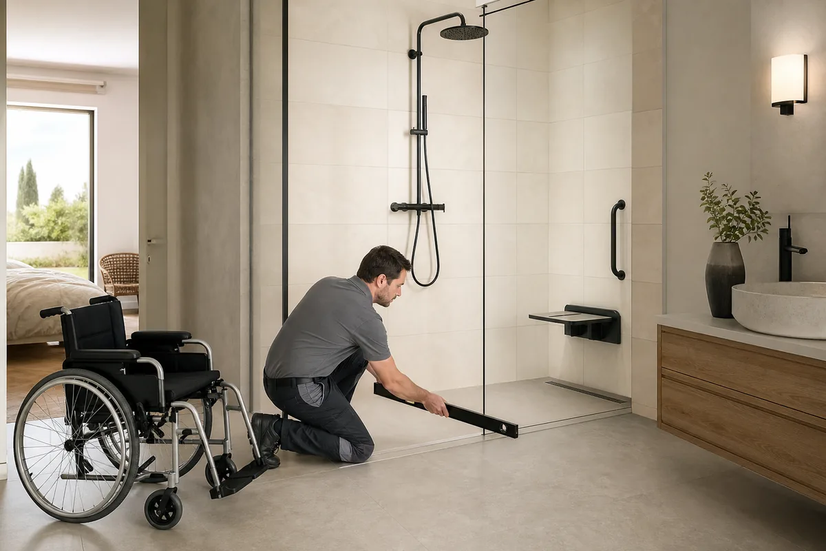 Installateur vérifiant l’accès d’une douche PMR avec fauteuil roulant