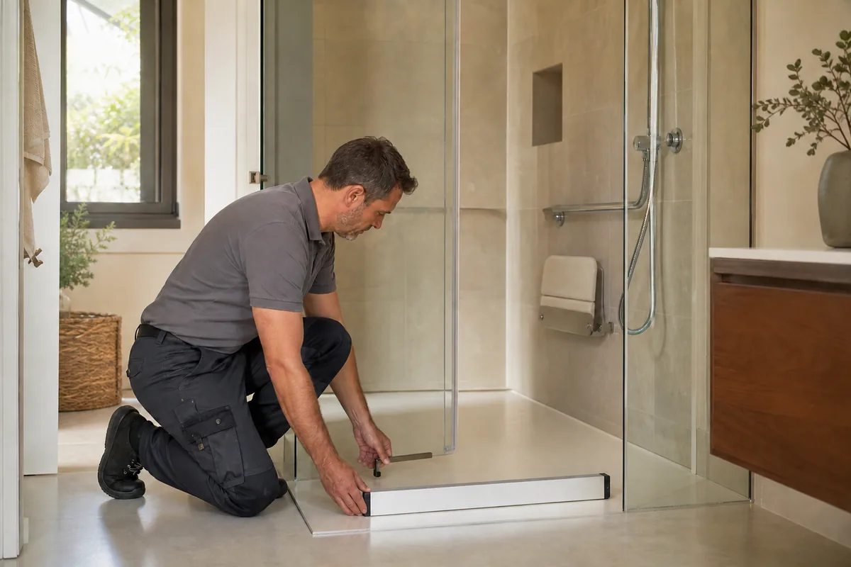 Installateur vérifiant le passage devant une cabine de douche PMR