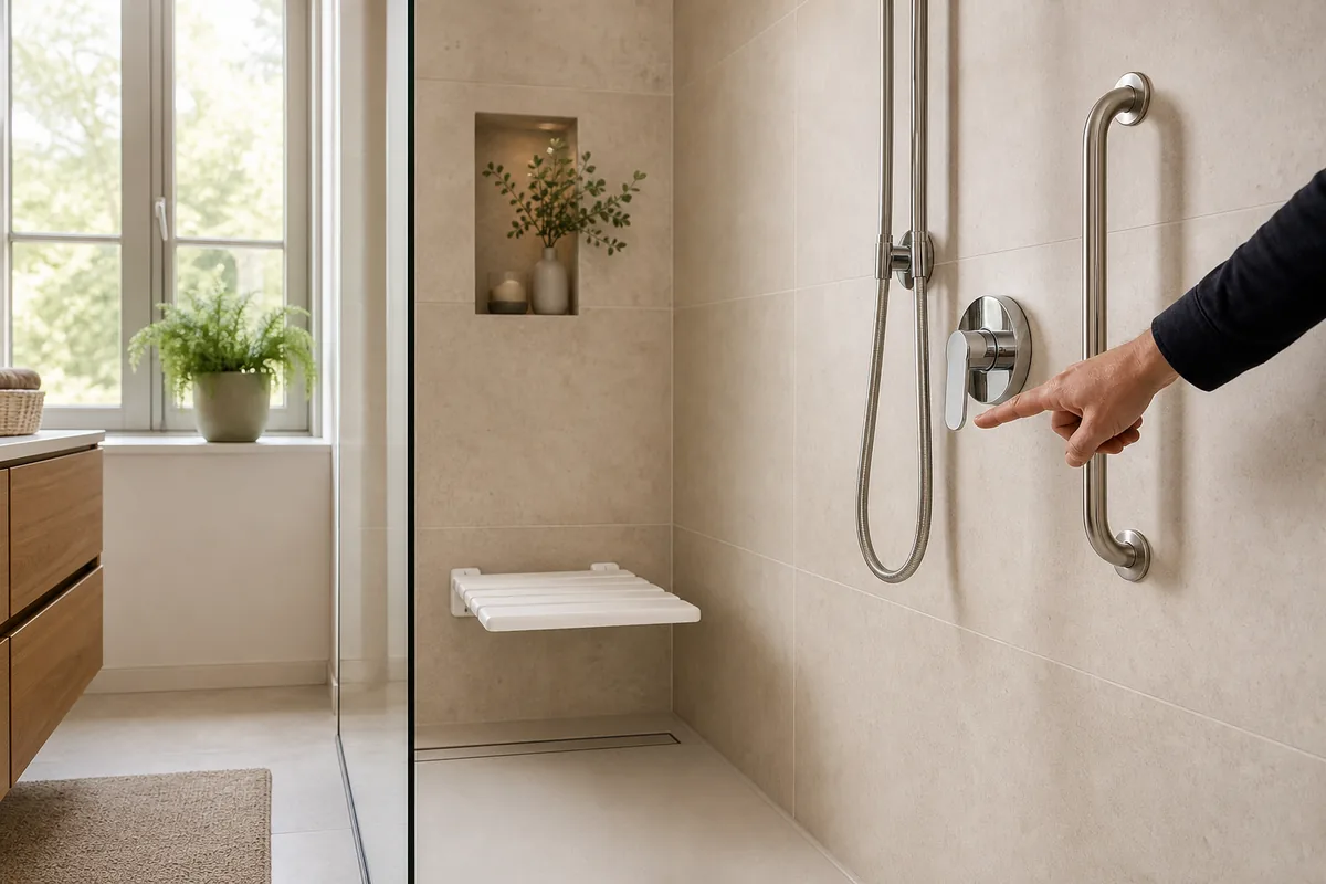Installateur montrant un mitigeur simple dans une douche PMR à domicile