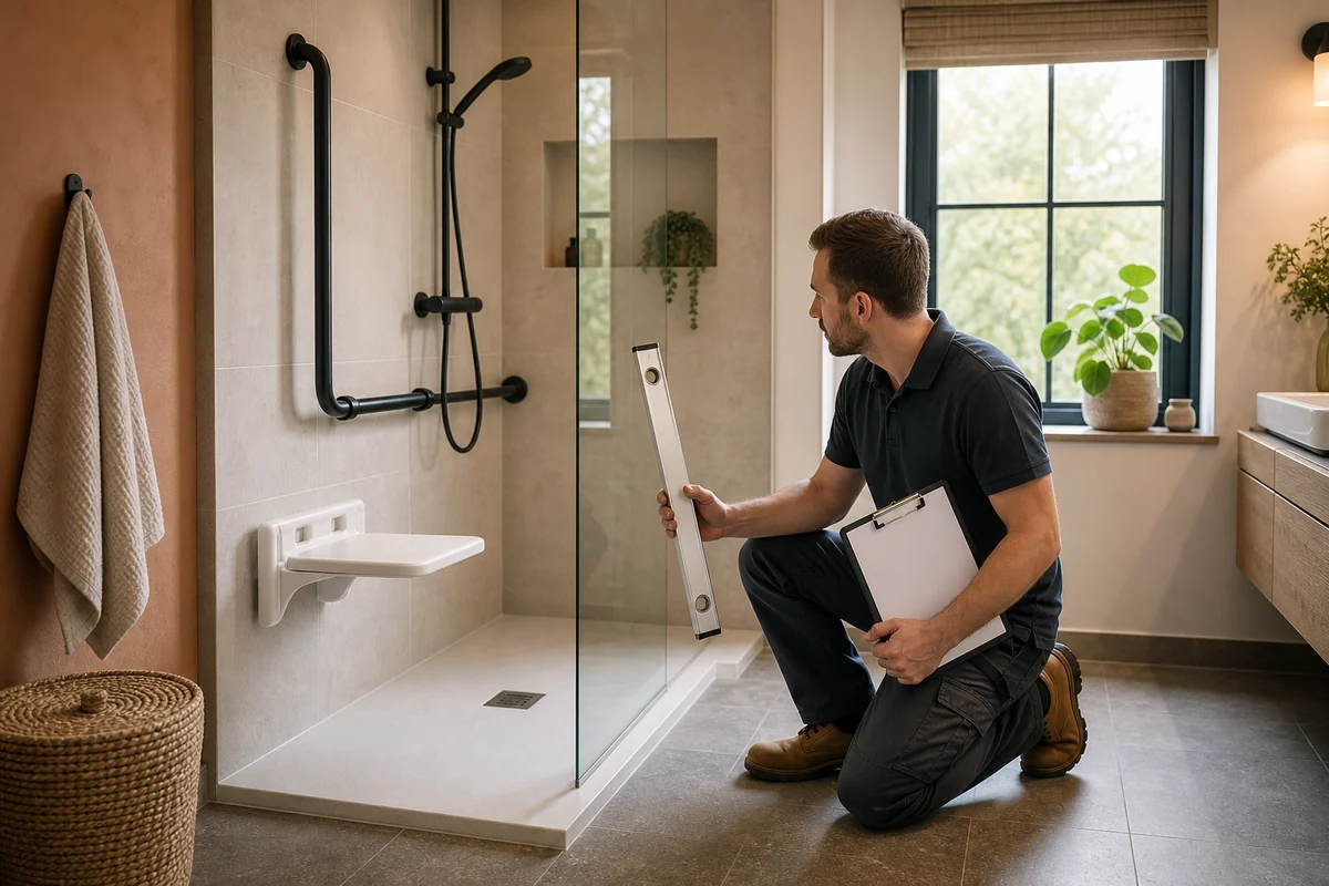 Installateur vérifiant l’aménagement d’une douche PMR à domicile