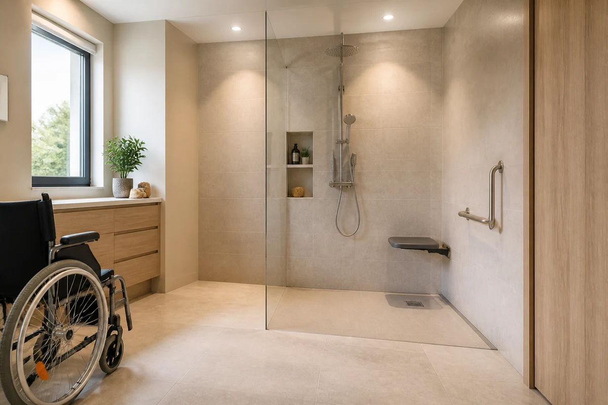 Salle de bain PMR avec fauteuil et porte-serviettes placé hors du passage de la douche