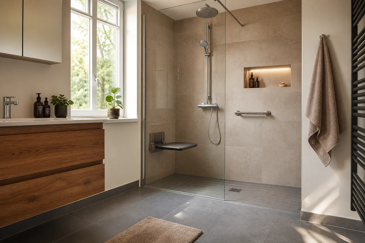 Douche PMR à domicile avec serviette à portée et sortie dégagée