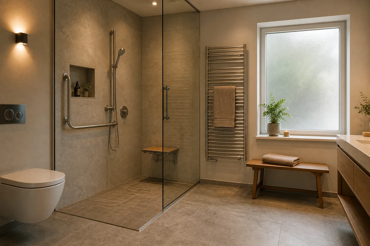 Salle de bain PMR avec douche de plain-pied, siège rabattable et sèche-serviettes près de la sortie