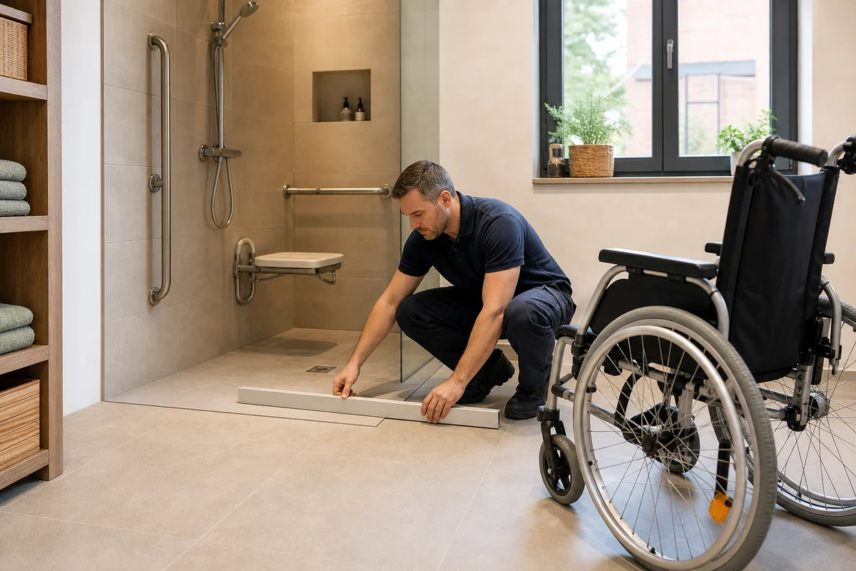 Installateur vérifiant l’espace de transfert assis devant une douche PMR