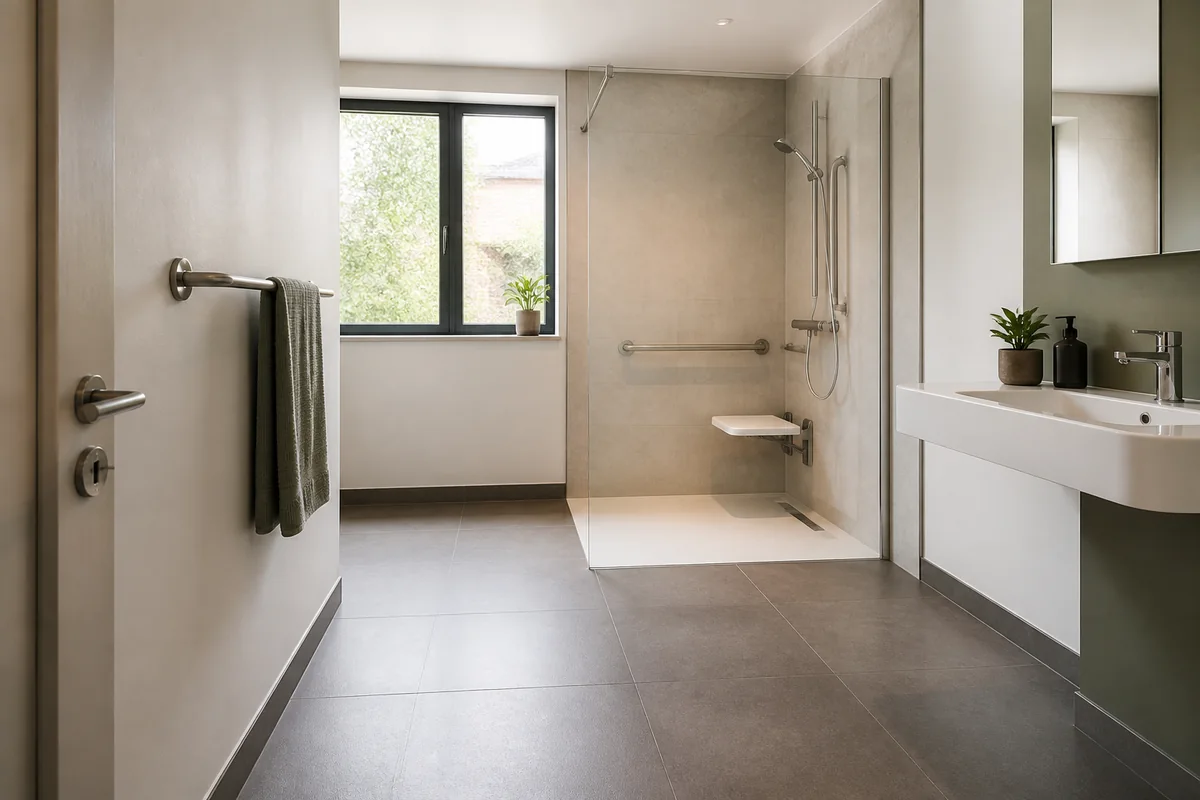 Salle de bain PMR avec douche de plain-pied et ventilation discrètement intégrée