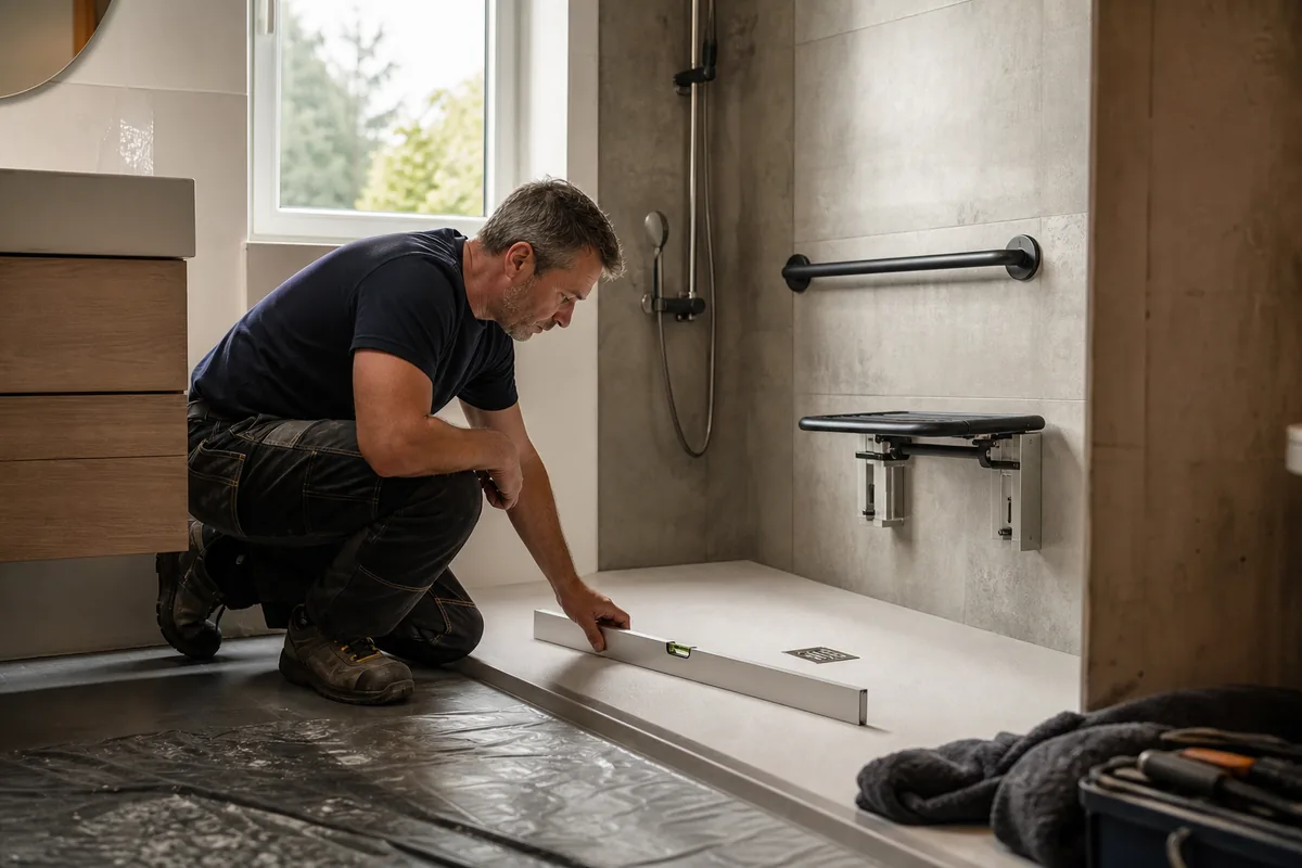 Installateur contrôlant la pente d’évacuation d’une douche PMR de plain-pied