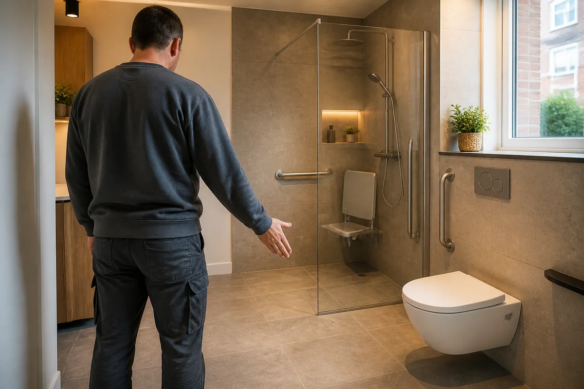 Salle de bain privée avec douche PMR et WC proche laissant un passage dégagé