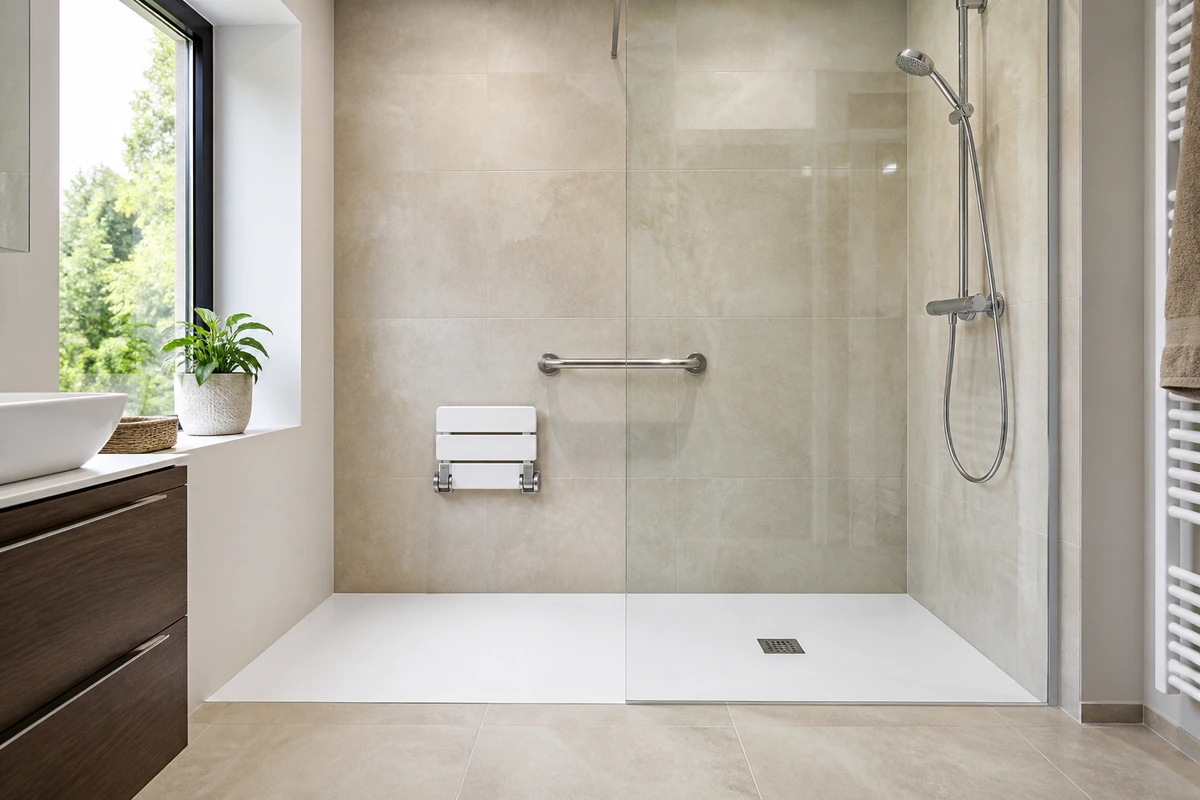 Douche senior de plain-pied avec siège rabattable et barre d’appui, installation terminée en Belgique