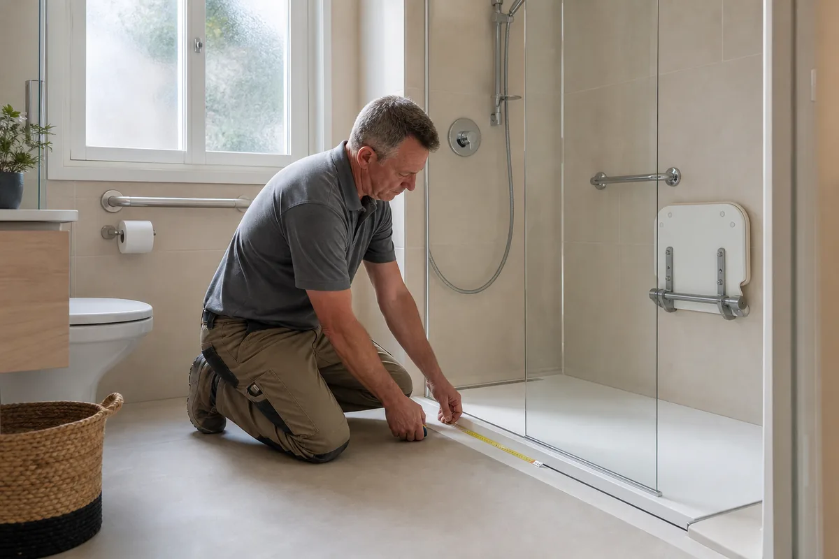 Installateur mesurant une douche senior sécurisée avant devis