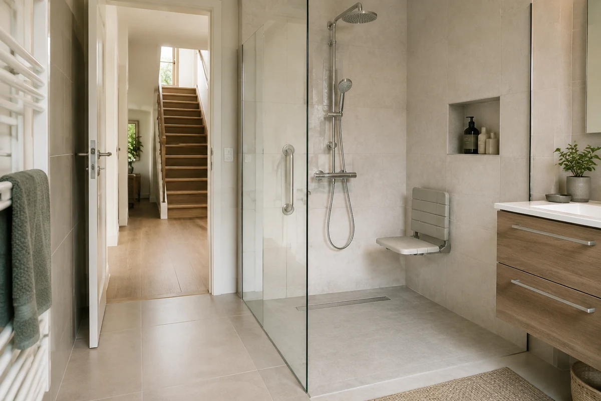 Douche senior de plain-pied au rez-de-chaussée avec escalier domestique visible dans le hall voisin