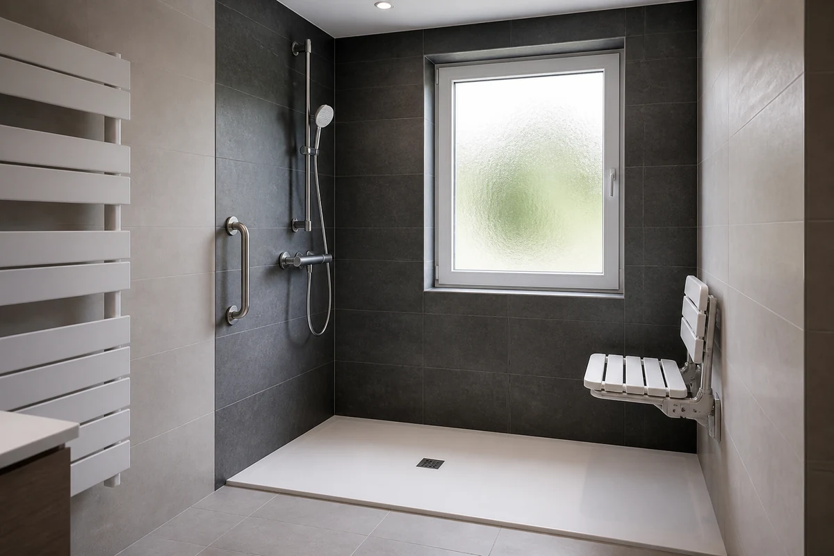 Douche senior de plain-pied sous une fenêtre dépolie, avec siège mural et barre d’appui visibles