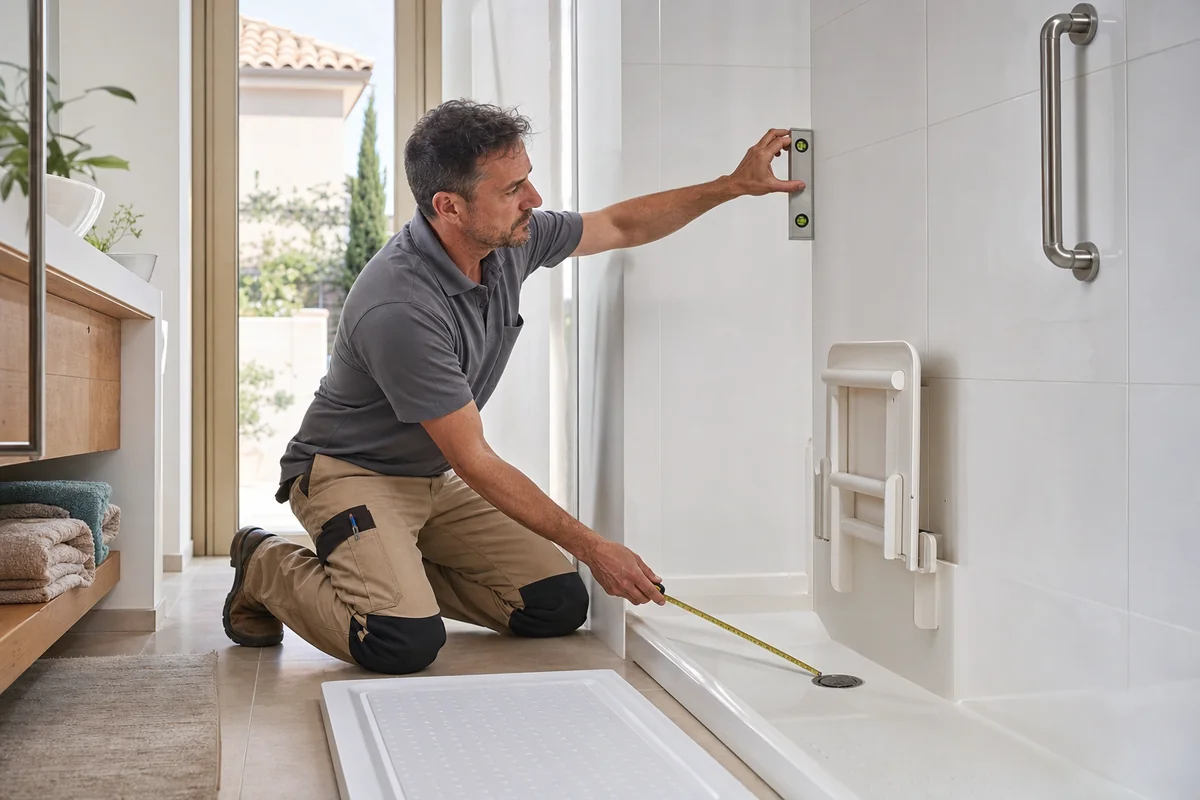 Installateur vérifiant murs et évacuation avant travaux de douche senior