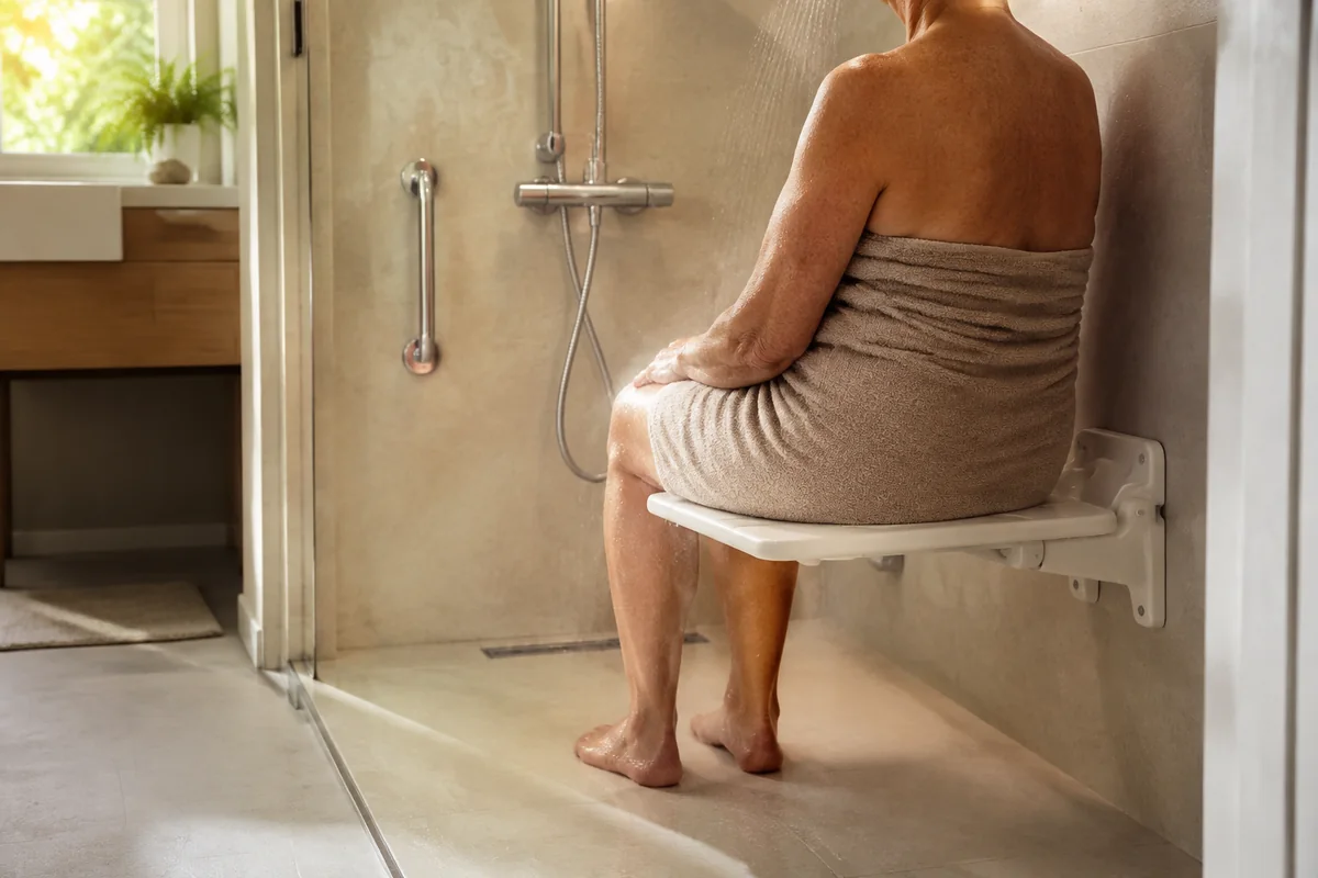 Douche senior de plain-pied avec siège rabattable, douchette et commande thermostatique accessibles, eau chaude visible en vapeur légère