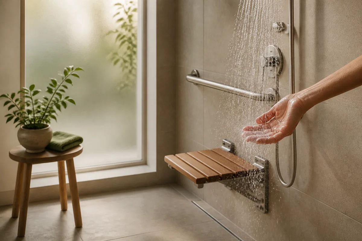 Main testant l’eau d’une douche PMR avec siège rabattable et barre d’appui