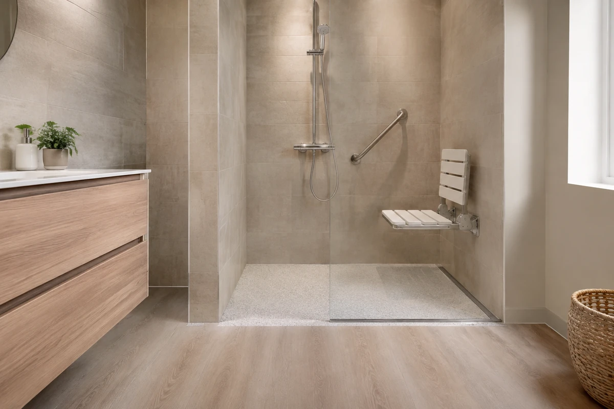 Douche senior de plain-pied bien éclairée avec siège mural, barre d’appui et mitigeur visibles