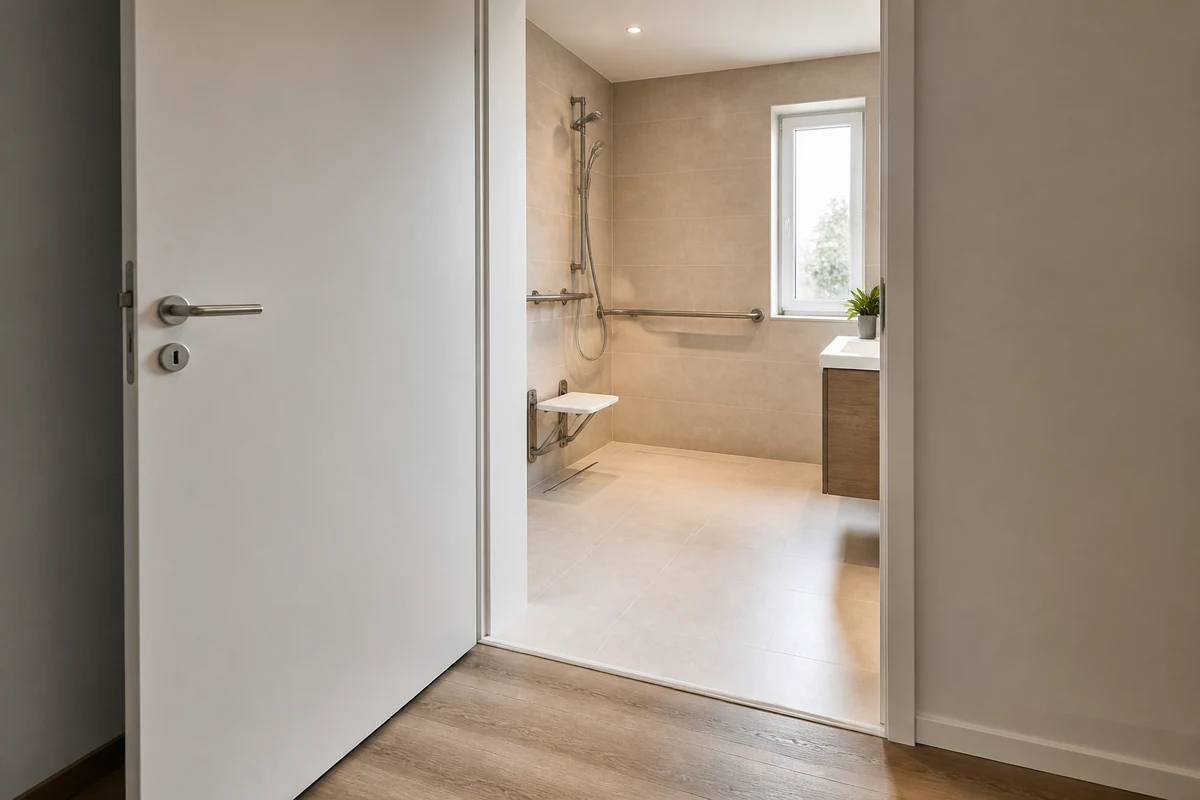 Porte ouverte sur une douche de plain-pied accessible dans une salle de bain belge rénovée