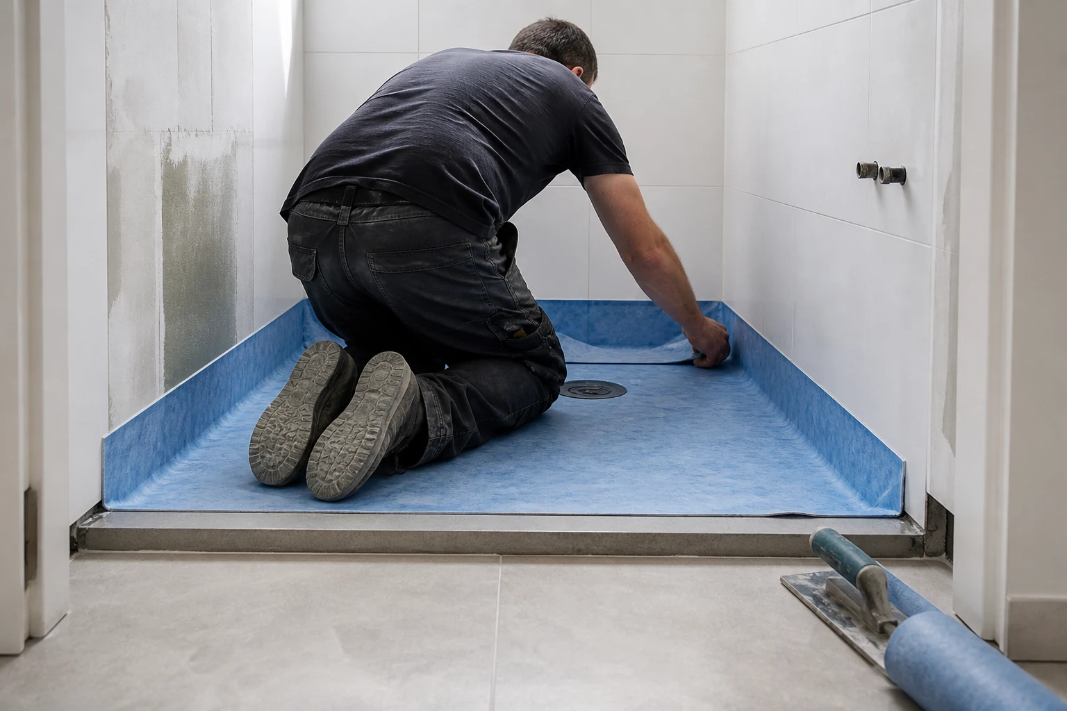 Artisan contrôlant l’étanchéité du sol avant l’installation d’une douche à la place d’une baignoire