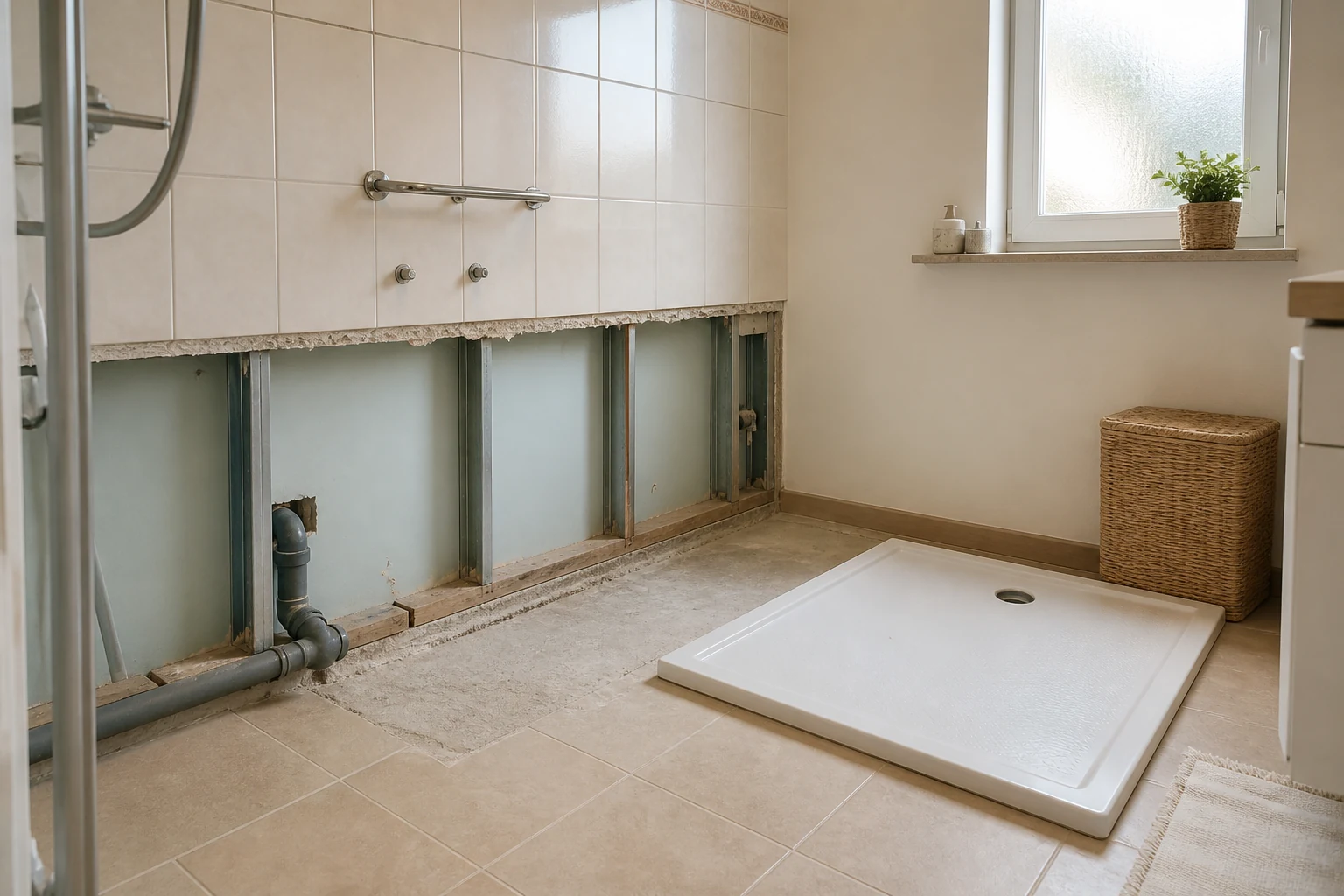 Évacuation visible après la dépose d’une baignoire avant la pose d’une douche extra-plate