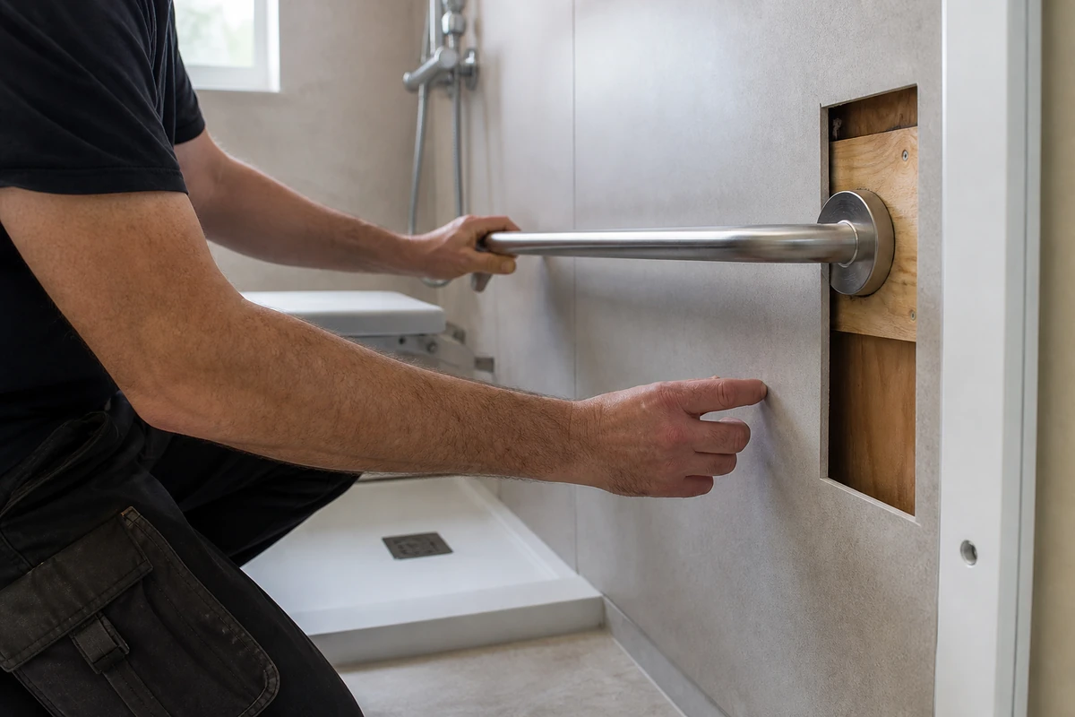 Installateur vérifiant le renfort derrière un panneau mural avant de fixer une barre d’appui dans une douche senior