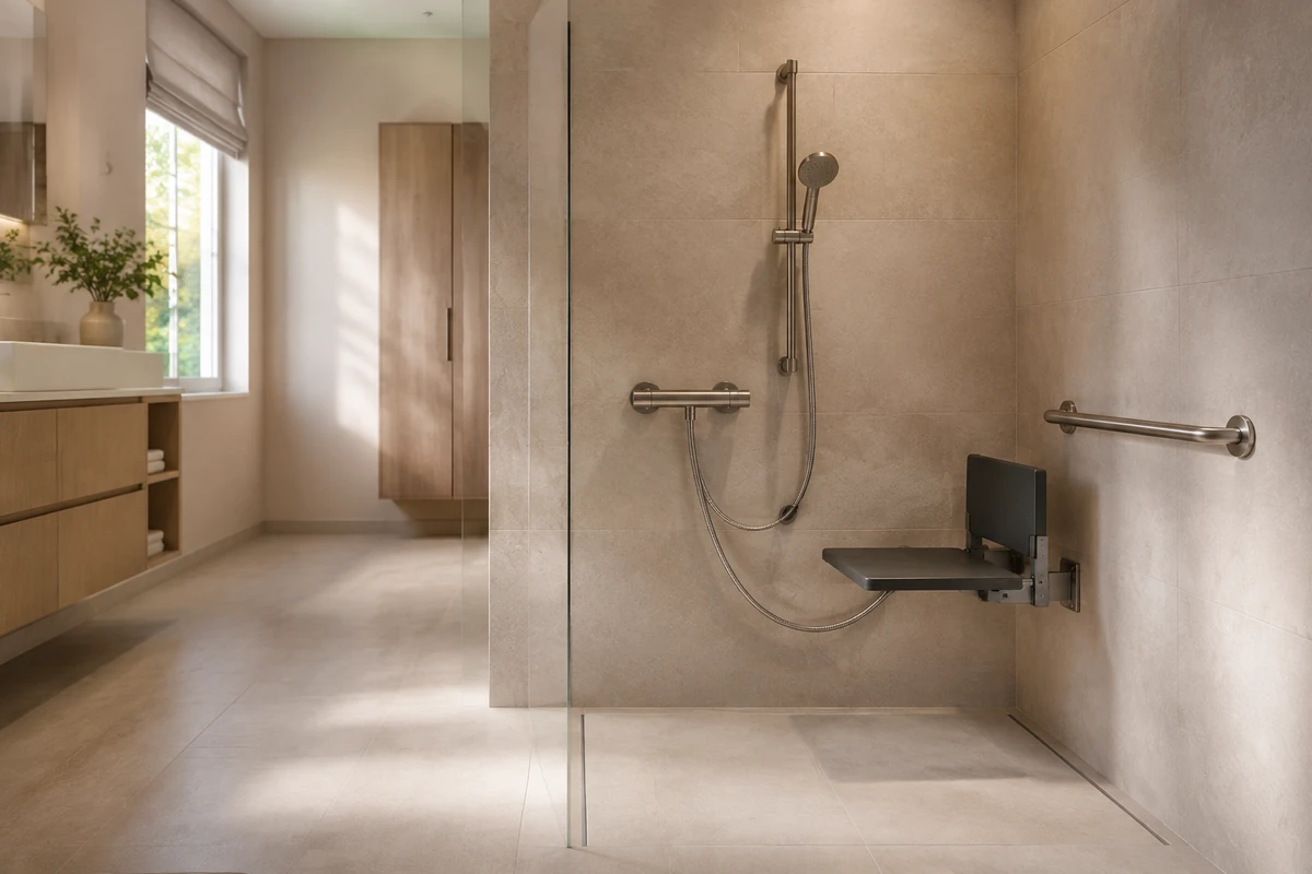 Douche PMR de plain-pied avec siège rabattable, douchette à main et flexible long accessible depuis l’assise