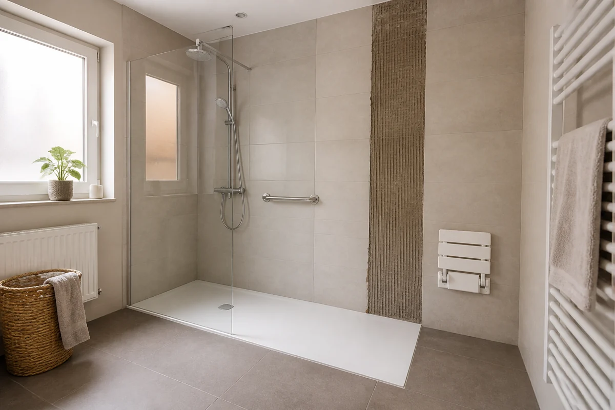 Salle de bains après retrait d’une baignoire, avec zone de carrelage à raccorder autour d’une douche de plain-pied