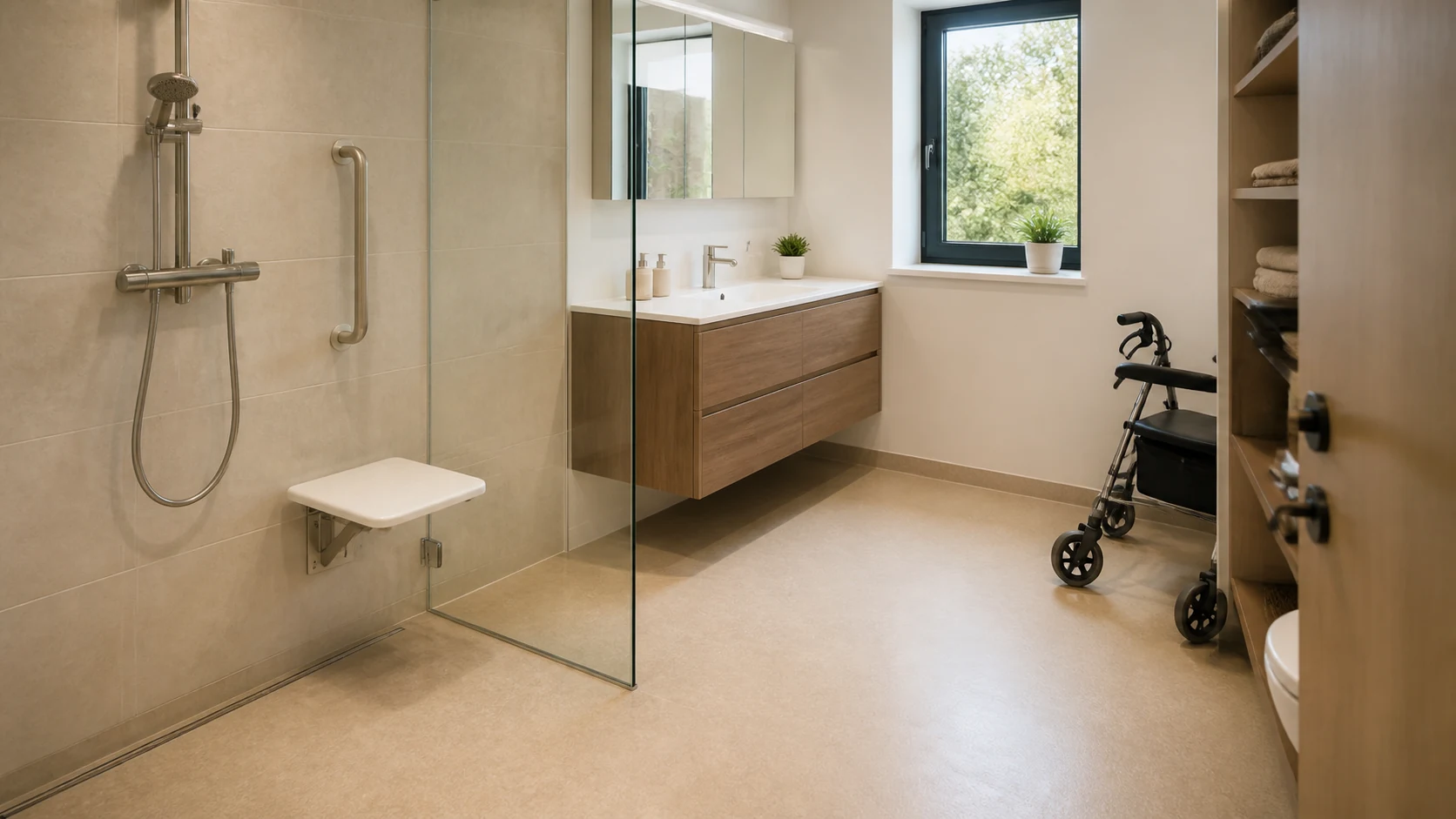 Déambulateur rangé à côté d’une douche senior de plain-pied sans encombrer le passage