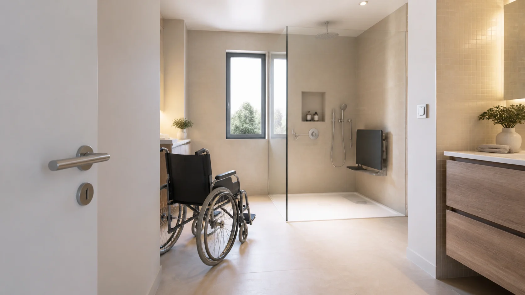 Porte ouverte vers l’extérieur laissant un passage dégagé à un fauteuil roulant vers une douche PMR de plain-pied