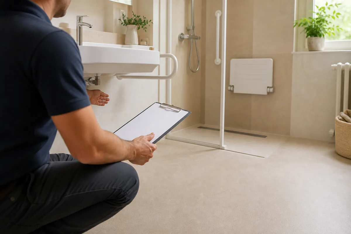 Installateur vérifiant l’espace sous un lavabo PMR dans une salle de bain accessible