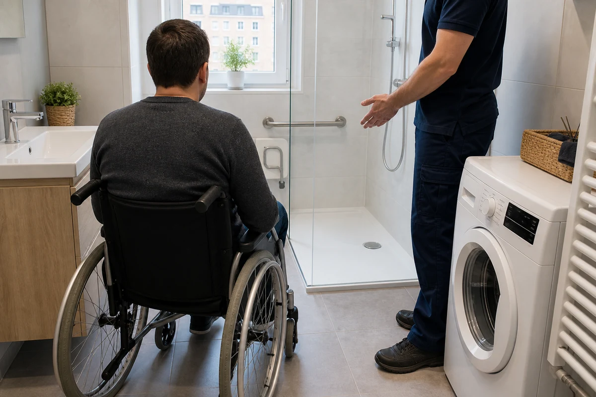 Fauteuil roulant face à une douche PMR dont l’accès est encombré par un lave-linge