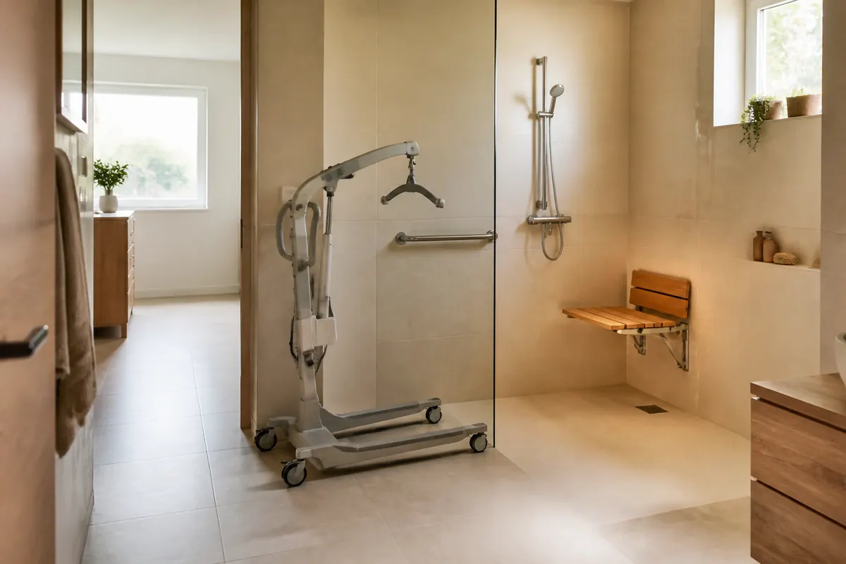 Lève-personne mobile devant une douche PMR de plain-pied avec passage dégagé pour l’aidant
