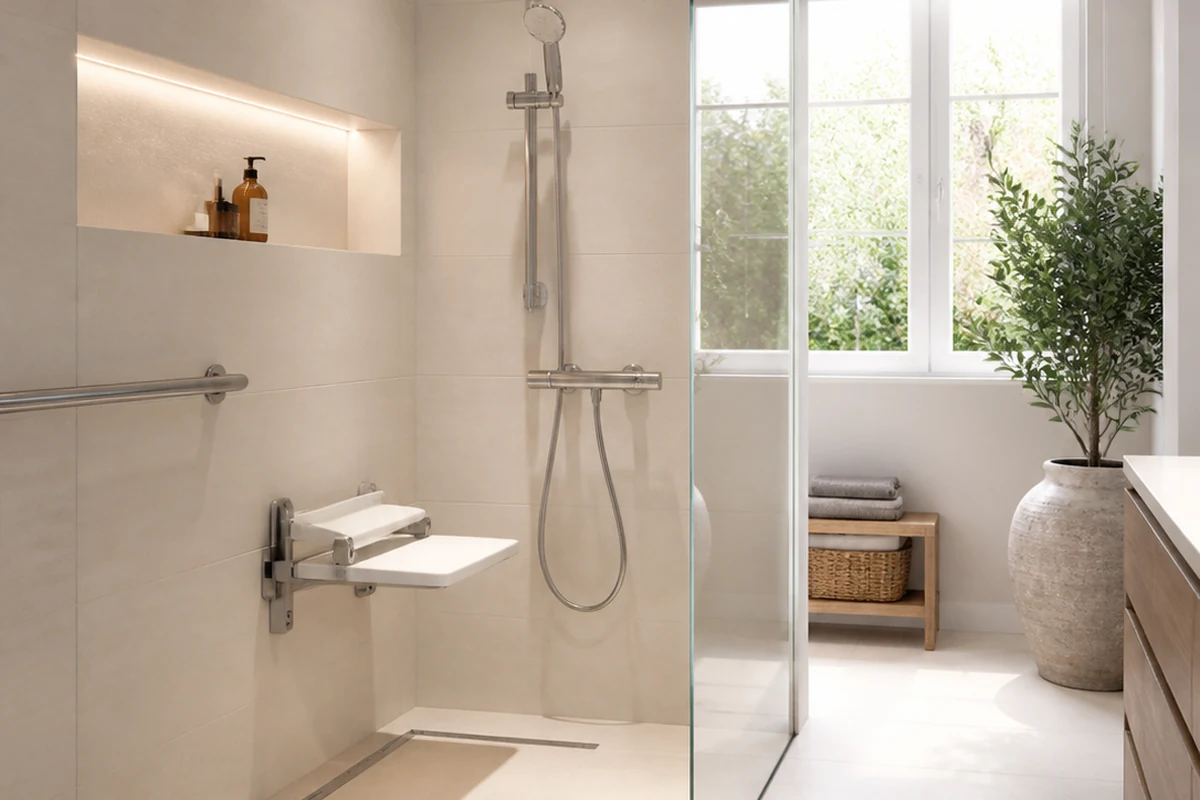 Douche PMR ouverte avec paroi fixe en verre, siège rabattable et passage dégagé