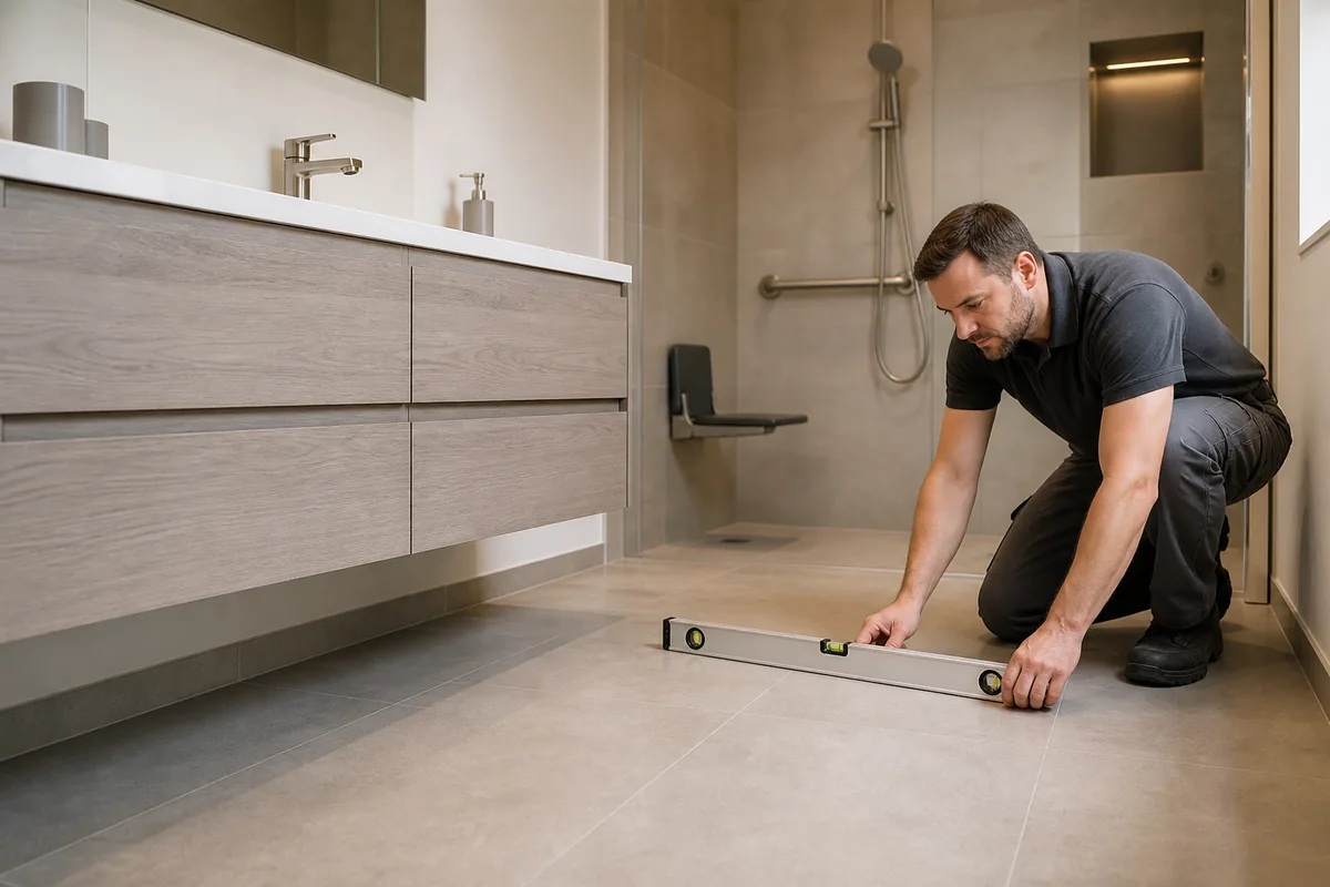 Installateur vérifiant le passage devant un meuble PMR dans une salle de bain accessible