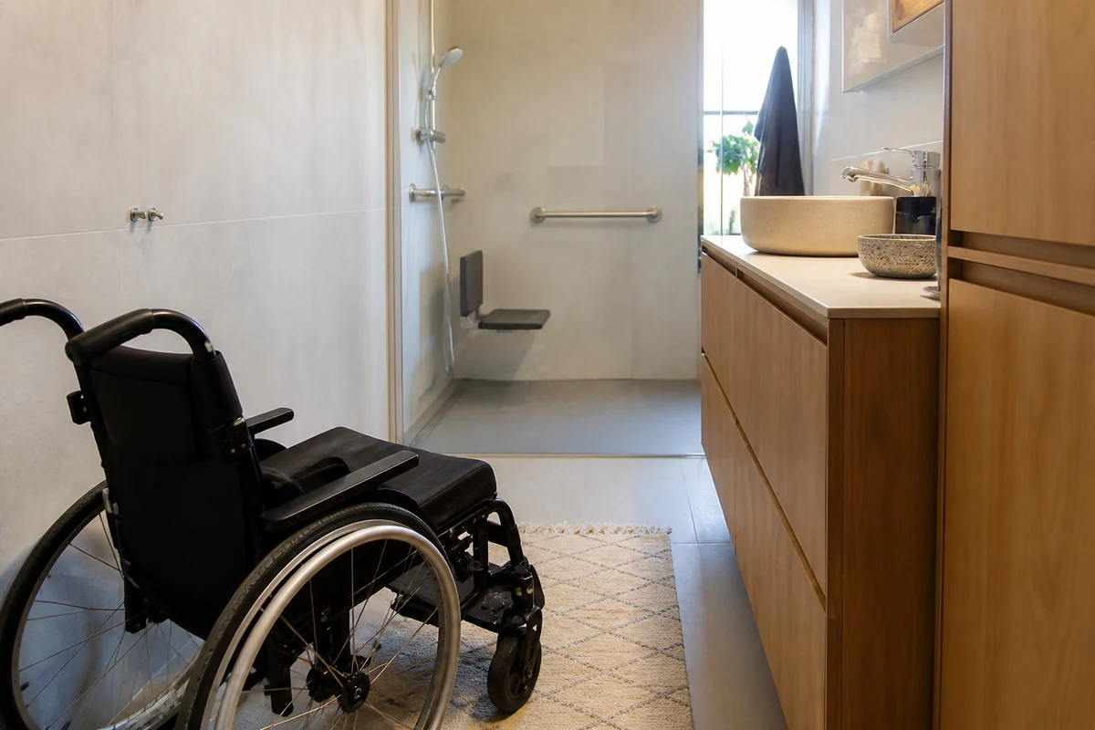 Fauteuil roulant devant un meuble vasque trop profond dans une salle de bains avec douche PMR